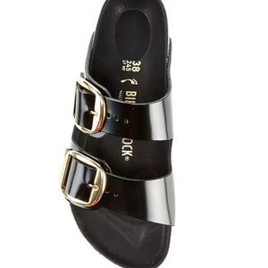 Birkenstock Black Leather Slide with Gold Buckles